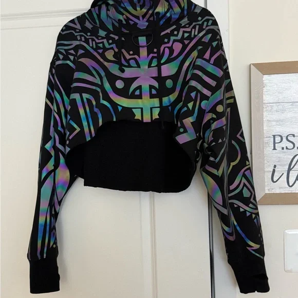 Dolls Kill Club EXX Black Cropped Hoodie with Iridescent Tribal Design - Picture 1 of 3